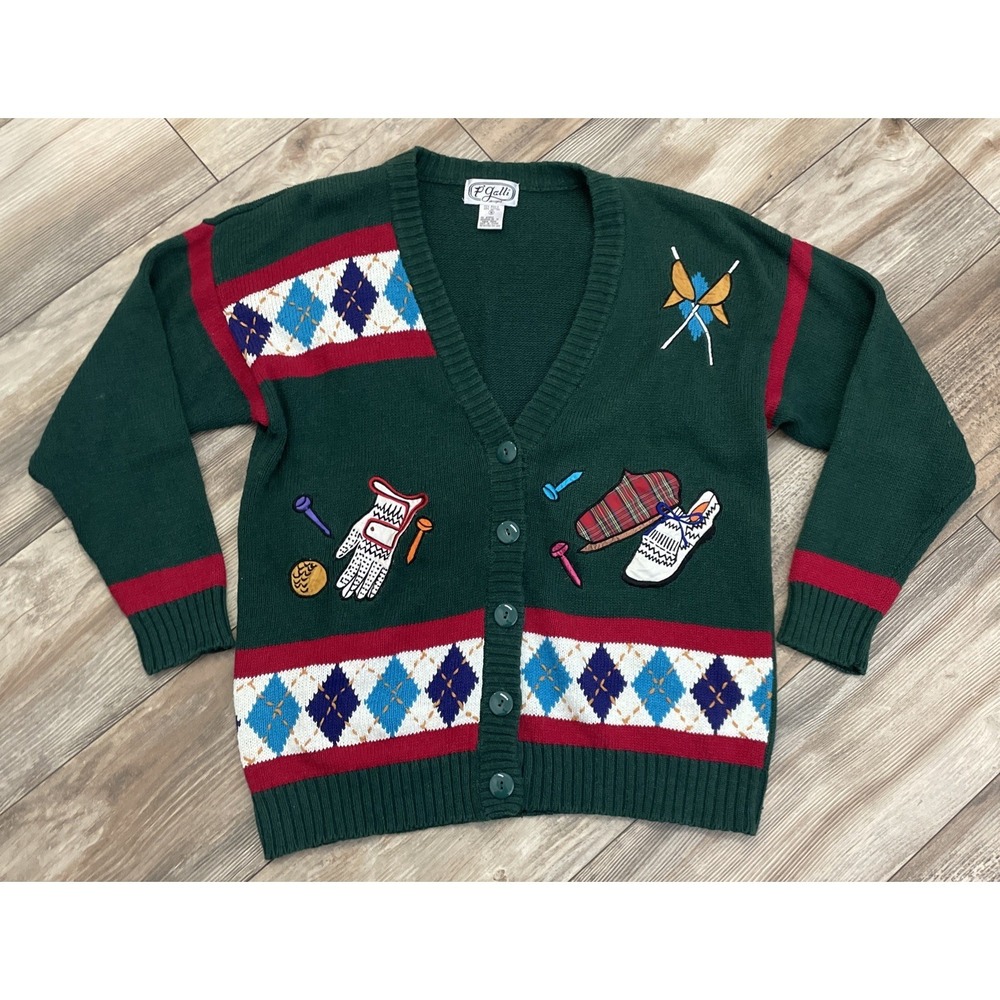 P Galli VTG 90s Cotton Blend‎ Golf Applique Button Cardigan Bright Sweater Small